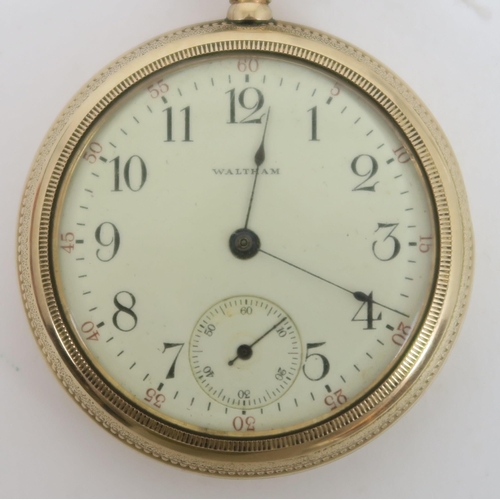 779C - A gold plated Waltham pocket watch. Open face with cream dial, black Arabic numerals, with the minut... 