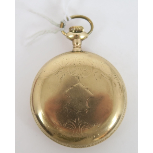 779C - A gold plated Waltham pocket watch. Open face with cream dial, black Arabic numerals, with the minut... 