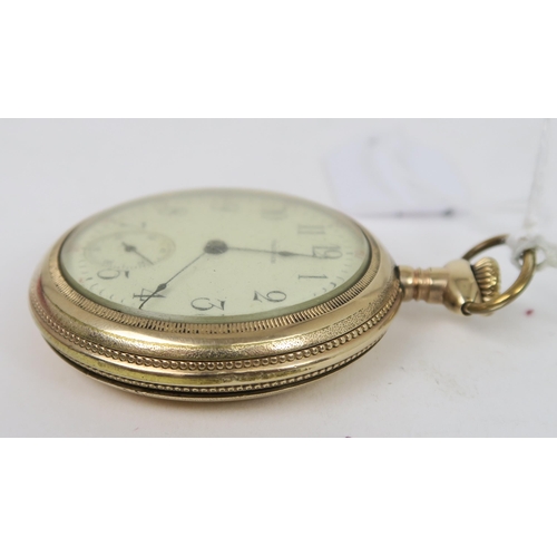 779C - A gold plated Waltham pocket watch. Open face with cream dial, black Arabic numerals, with the minut... 