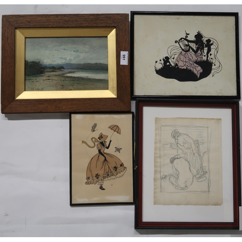 991 - FOUR PICTURES Comprising;A W HOGG Lochside, watercolour, two silhouettes, and pencil sketch (4)... 