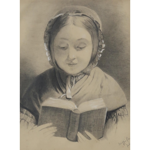 997 - BRITISH SCHOOL Young woman reading a book, signed, pencil and heightened in white,31 x 23cm, GO... 