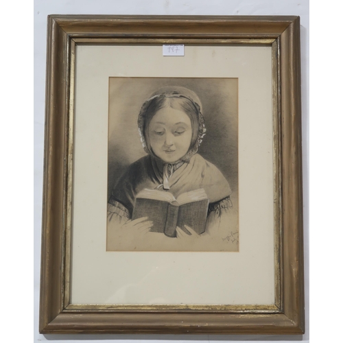 997 - BRITISH SCHOOL Young woman reading a book, signed, pencil and heightened in white,31 x 23cm, GO... 