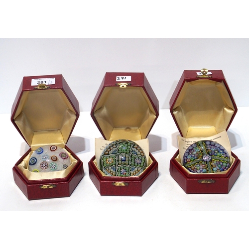 281 - Three Perthshire millefiori paperweights, dated 1974, 1978 and 1979