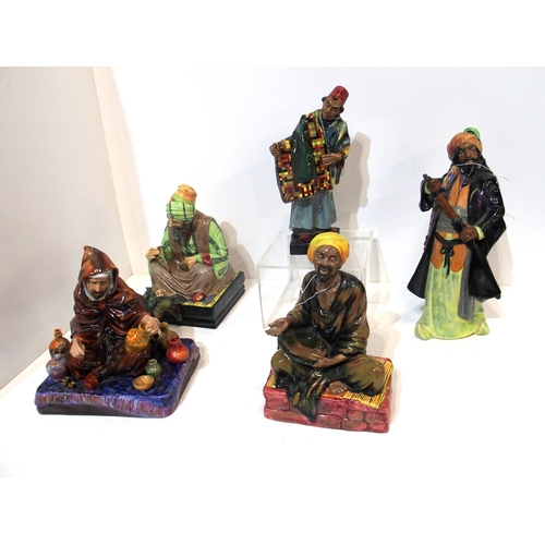 284 - Five Royal Doulton figures including Mendicant, Cobbler, Carpet Seller, The Potter and Blue Beard