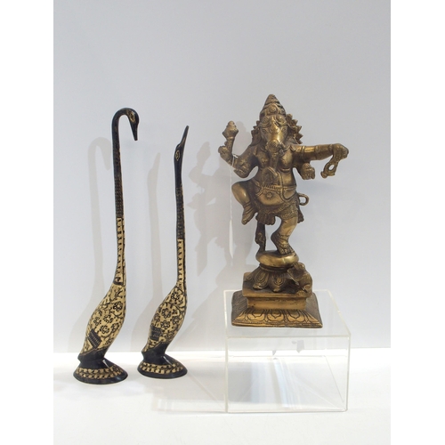 285 - A bronze figure of Ganesh and two metal figures of birds