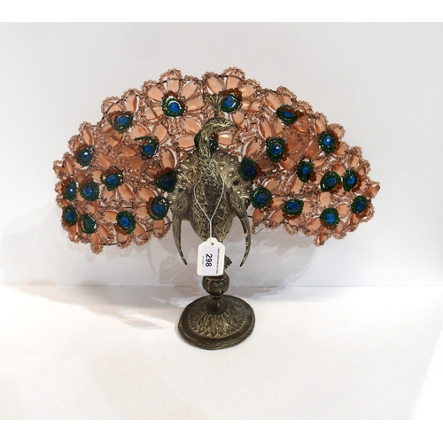 298 - A white metal and glass bead peacock lamp