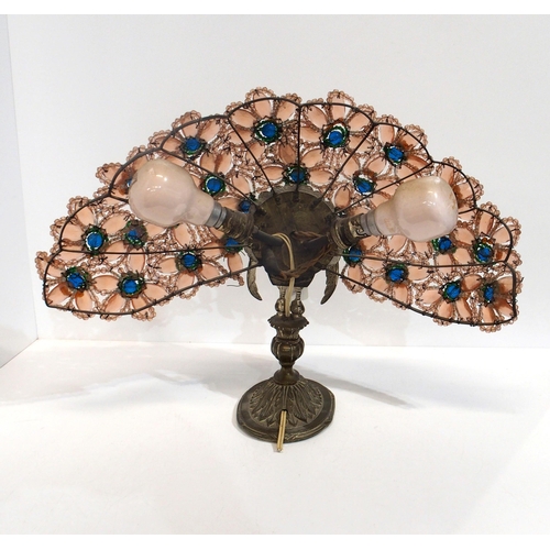 298 - A white metal and glass bead peacock lamp