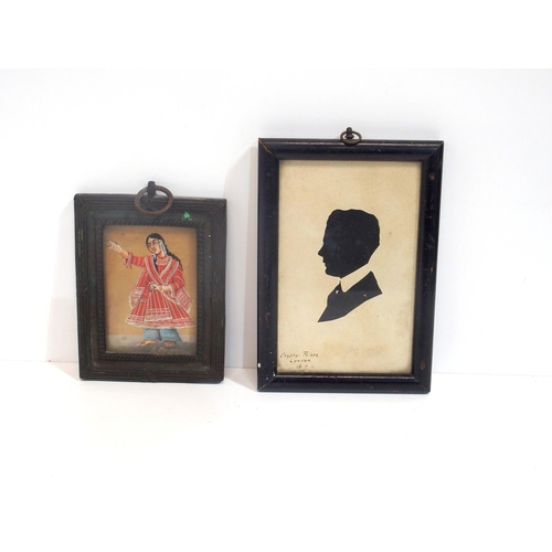 301 - A boxed lacquer cocktail shaker and glasses, an Indian watercolour of a woman and a silhouette of a ... 