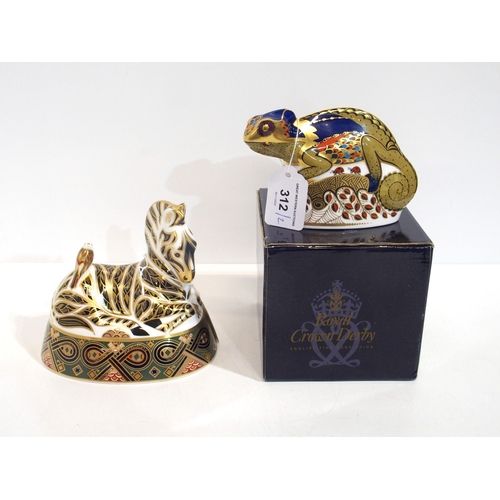 312 - A Royal Crown Derby paperweight of a Chameleon with gold stopper and another of a Zebra with silver ... 