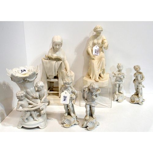 314 - A parian figure of a girl reading, and assorted bisque figures