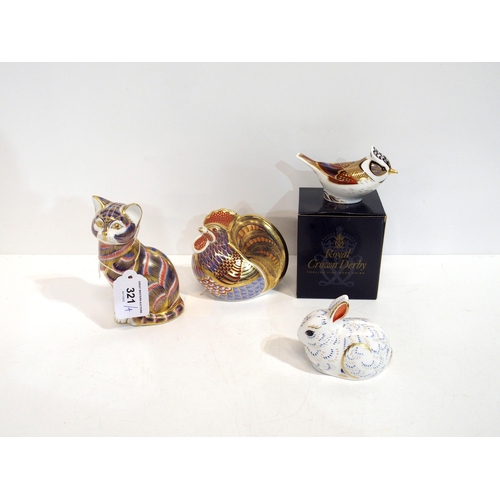 321 - Four Royal Crown Derby paperweights including Great Crested Tit, Bunny both with gold stoppers and C... 