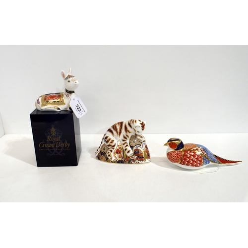 323 - Three Royal Crown Derby paperweights including Donkey Foal, gold stopper, Bengal Tiger Cub and Pheas... 