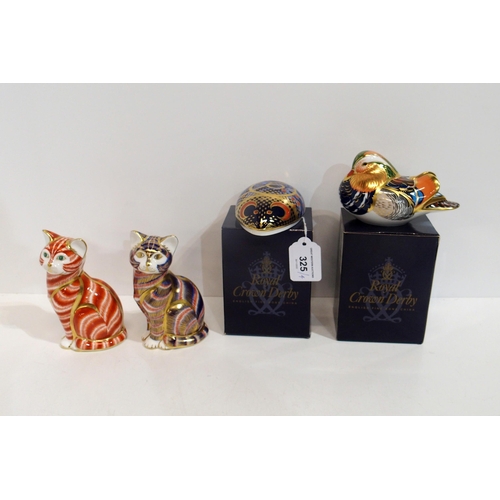 325 - Four Royal Crown Derby paperweights including Mandarin Duck, a Tabby cat and a Computer Mouse all wi... 