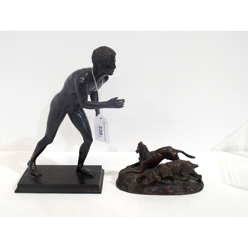 330 - A small bronze of two hunting dogs, together with a figure of a classical athlete