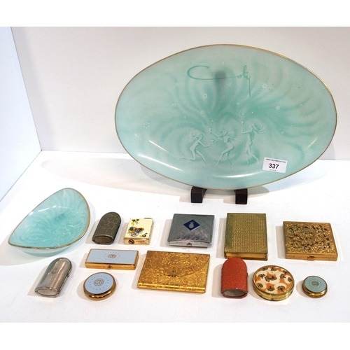 337 - A Coty mid-century pale green glass dressing table tray, of oval form, decorated with dancing nude f... 