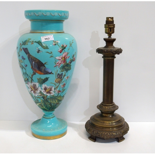 362 - A Victorian turquoise glass vase painted with a bird and butterfly amongst flowers, together with a ... 