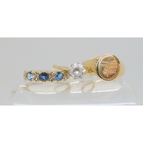 685 - Three 9ct gold rings, a cz solitaire, size Q, a blue topaz and diamond ring, size Q1/2, and a Greenw... 