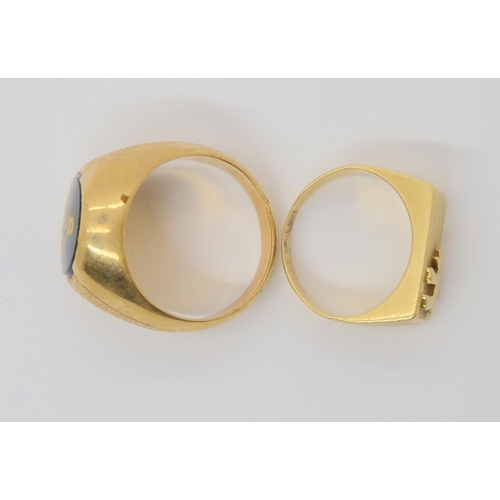 708 - A 14k gold Masonic signet ring, size Q, together with a further 14k gold signet ring, size K, weight... 
