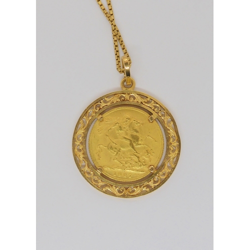 709 - A 1927 full gold sovereign, with pretty 18ct gold pendant mount and box chain, length 60cm, weight c... 