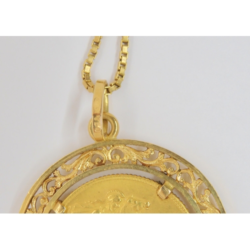 709 - A 1927 full gold sovereign, with pretty 18ct gold pendant mount and box chain, length 60cm, weight c... 