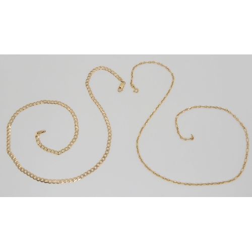 711 - A 9ct gold bright cut curb chain, length 46cm, together with an Italian fancy chain, length 46cm, we... 