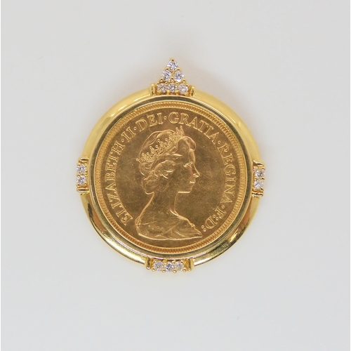 718 - A 1976 full gold sovereign in a 18ct gold diamond set pendant mount, weight 11.1gms