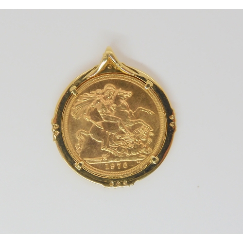 718 - A 1976 full gold sovereign in a 18ct gold diamond set pendant mount, weight 11.1gms