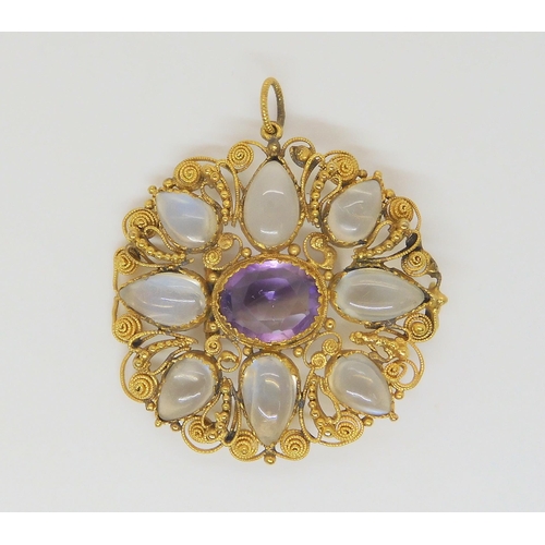 721 - A bright yellow metal filligree work pendant set with amethyst and moonstone, diameter approx 3.2cm,... 