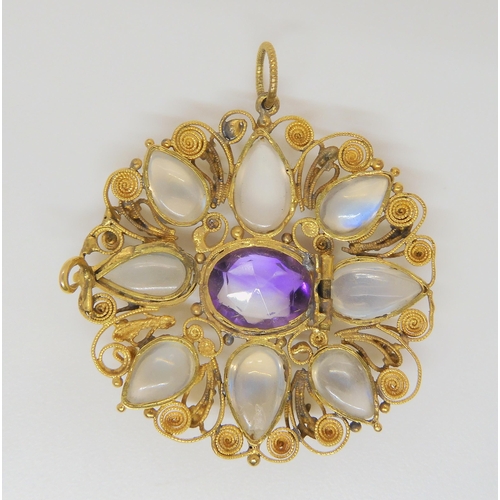 721 - A bright yellow metal filligree work pendant set with amethyst and moonstone, diameter approx 3.2cm,... 