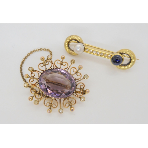 726 - A bright yellow metal sapphire pearl and old cut diamond brooch, weight 5.1gms in original box from ... 