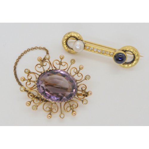 726 - A bright yellow metal sapphire pearl and old cut diamond brooch, weight 5.1gms in original box from ... 