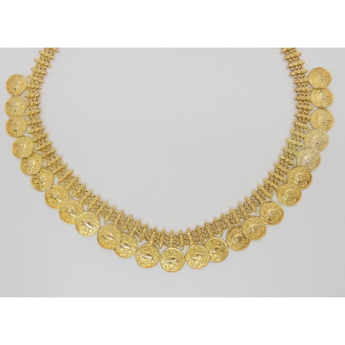 730 - A silver gilt coin necklace each 'Coin' embossed with a wild boar. Length 41cm