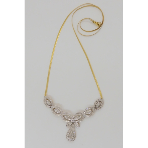 764 - A 9ct gold Italian made necklace, with the petal shaped links set with diamond melee, estimated appr... 