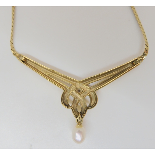 768 - A 9ct gold knotwork necklet with a pearl drop and set with a diamond accent, length of knot panel 4.... 