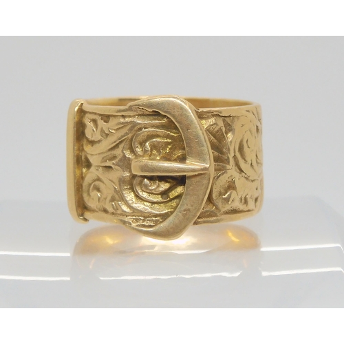 776 - A 9ct gold gents wide buckle ring, width of the band approx 1.3cm, finger size X, weight 10.8gms