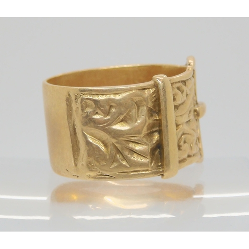 776 - A 9ct gold gents wide buckle ring, width of the band approx 1.3cm, finger size X, weight 10.8gms