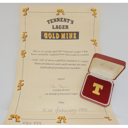 778 - A limited Edition 24ct gold Tennant's Lager 'T' 20/450 weight 16.7gms, with original certificate and... 