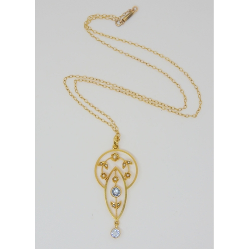 780 - A yellow metal aquamarine and pearl Edwardian pendant on a vintage 9ct gold chain, pendant length wi... 