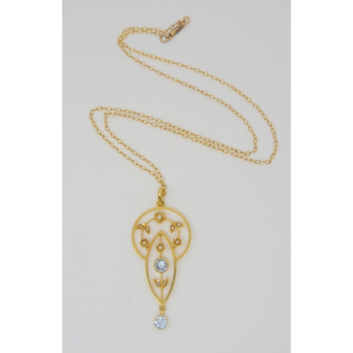 780 - A yellow metal aquamarine and pearl Edwardian pendant on a vintage 9ct gold chain, pendant length wi... 