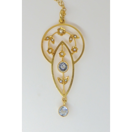 780 - A yellow metal aquamarine and pearl Edwardian pendant on a vintage 9ct gold chain, pendant length wi... 