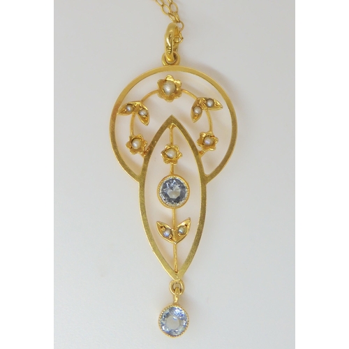 780 - A yellow metal aquamarine and pearl Edwardian pendant on a vintage 9ct gold chain, pendant length wi... 