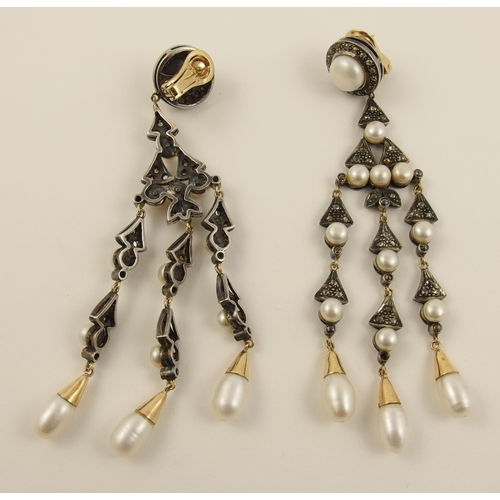 123 - A pair of diamond and pearl earrings