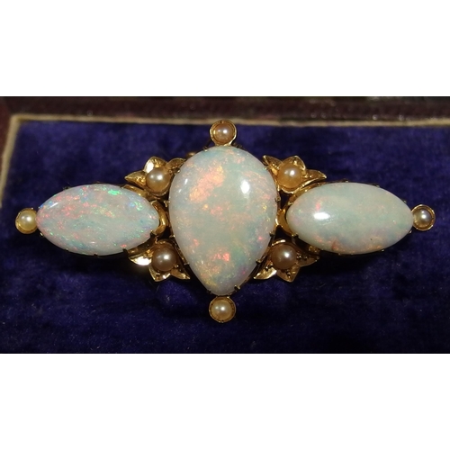 21 - An Edwardian 15ct opal and pearl brooch