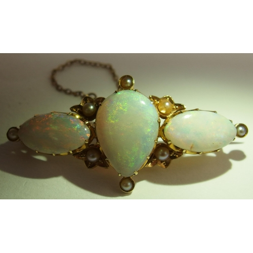 21 - An Edwardian 15ct opal and pearl brooch