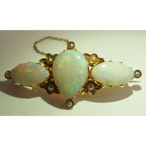 21 - An Edwardian 15ct opal and pearl brooch