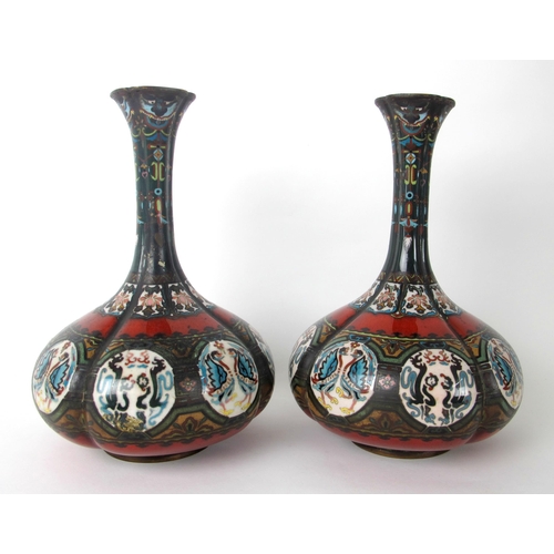 544B - A pair of Japanese cloisonne and ceramic lobed baluster vases