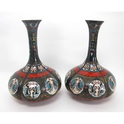 544B - A pair of Japanese cloisonne and ceramic lobed baluster vases