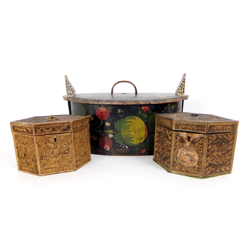 653 - Two George III hexagonal scroll work tea-caddies