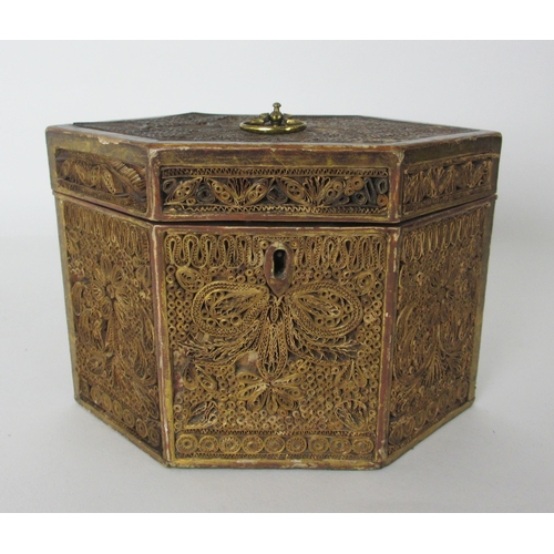 653 - Two George III hexagonal scroll work tea-caddies