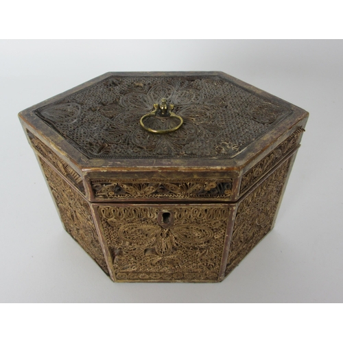 653 - Two George III hexagonal scroll work tea-caddies